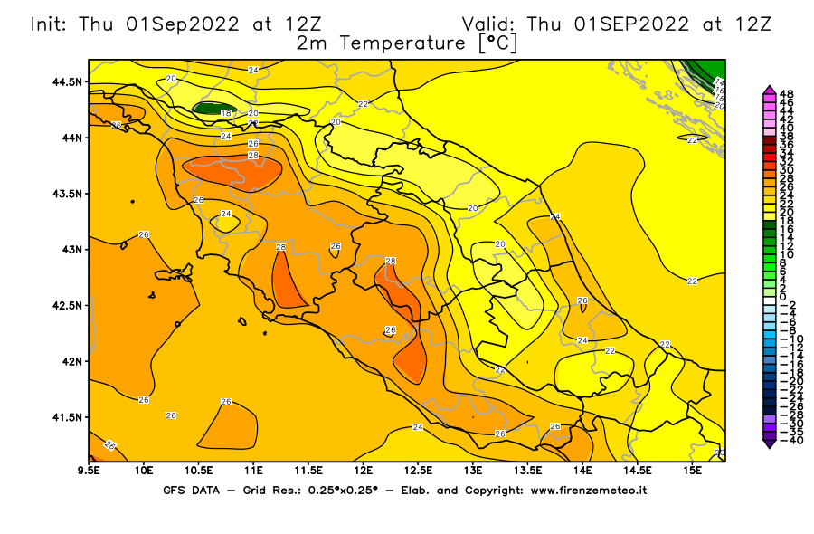 Mappa di analisi GFS - Temperatura a 2 metri dal suolo [°C] in Centro-Italia
							del 01/09/2022 12 <!--googleoff: index-->UTC<!--googleon: index-->