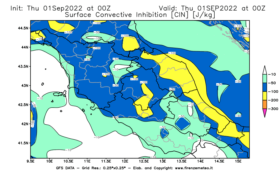 GFS analysi map - CIN [J/kg] in Central Italy
									on 01/09/2022 00 <!--googleoff: index-->UTC<!--googleon: index-->