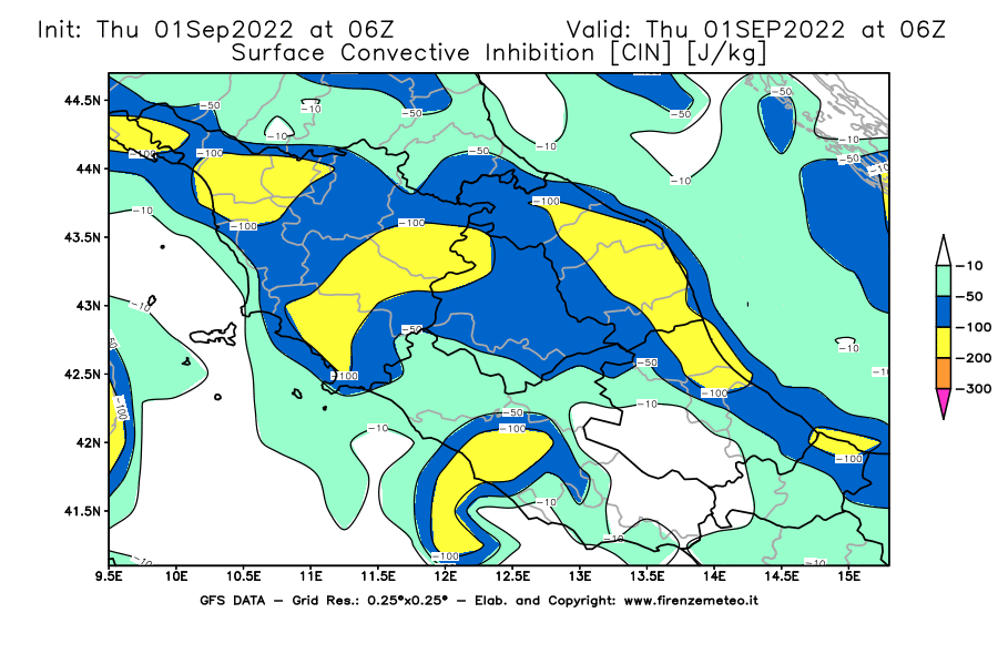 GFS analysi map - CIN [J/kg] in Central Italy
									on 01/09/2022 06 <!--googleoff: index-->UTC<!--googleon: index-->