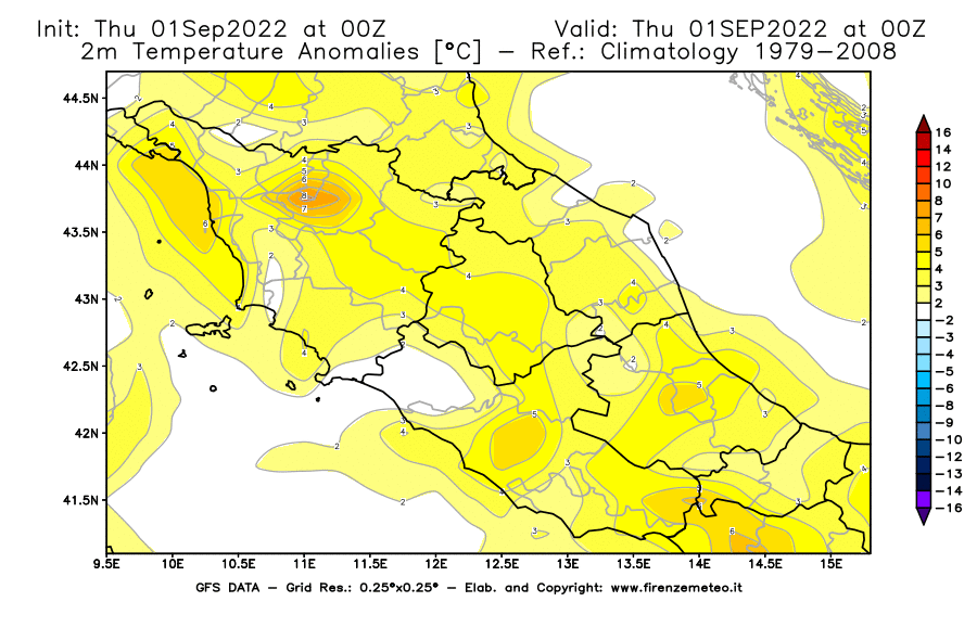 Mappa di analisi GFS - Anomalia Temperatura [°C] a 2 m in Centro-Italia
							del 01/09/2022 00 <!--googleoff: index-->UTC<!--googleon: index-->