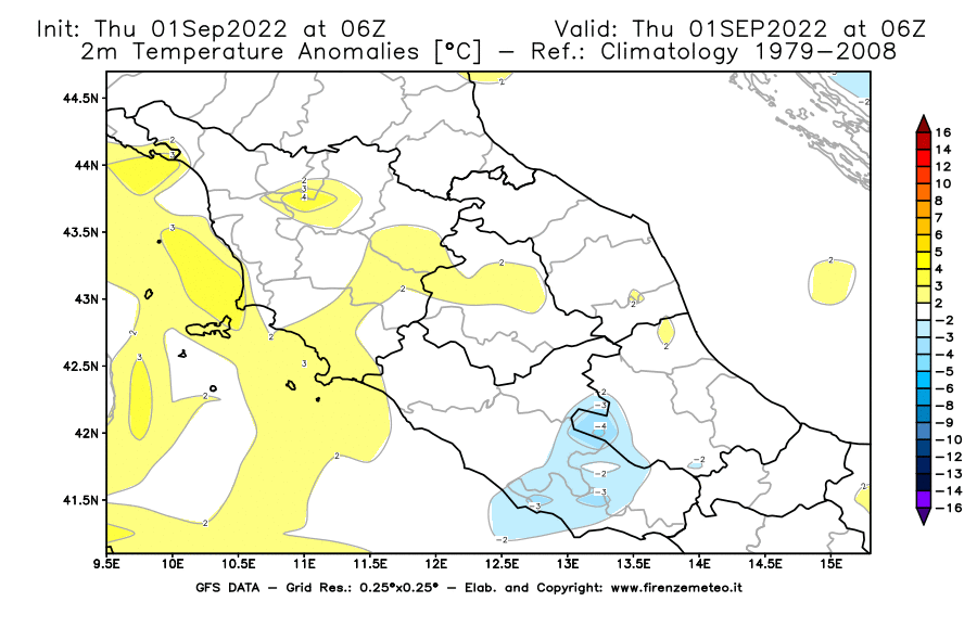 Mappa di analisi GFS - Anomalia Temperatura [°C] a 2 m in Centro-Italia
							del 01/09/2022 06 <!--googleoff: index-->UTC<!--googleon: index-->