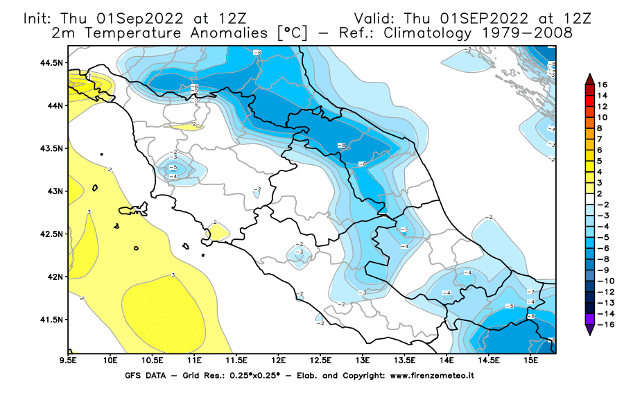 GFS analysi map - Temperature Anomalies [°C] at 2 m in Central Italy
									on 01/09/2022 12 <!--googleoff: index-->UTC<!--googleon: index-->