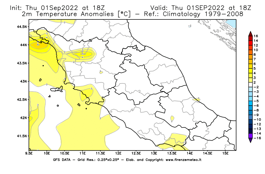 Mappa di analisi GFS - Anomalia Temperatura [°C] a 2 m in Centro-Italia
							del 01/09/2022 18 <!--googleoff: index-->UTC<!--googleon: index-->