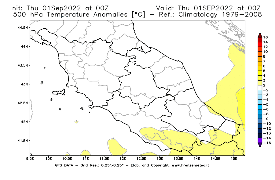 Mappa di analisi GFS - Anomalia Temperatura [°C] a 500 hPa in Centro-Italia
							del 01/09/2022 00 <!--googleoff: index-->UTC<!--googleon: index-->