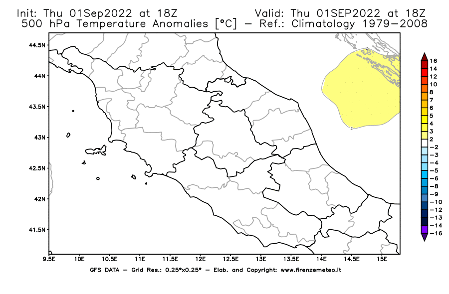 GFS analysi map - Temperature Anomalies [°C] at 500 hPa in Central Italy
									on 01/09/2022 18 <!--googleoff: index-->UTC<!--googleon: index-->