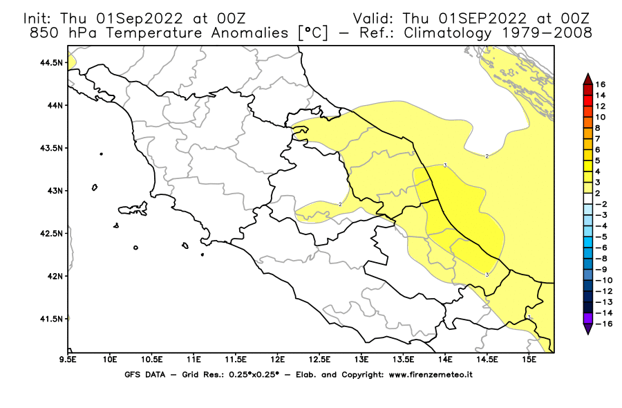 GFS analysi map - Temperature Anomalies [°C] at 850 hPa in Central Italy
									on 01/09/2022 00 <!--googleoff: index-->UTC<!--googleon: index-->