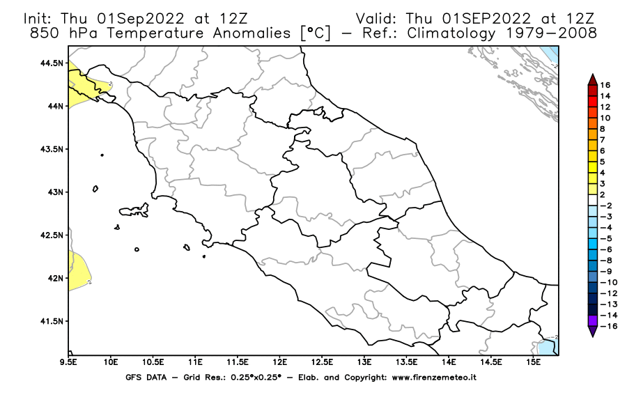 Mappa di analisi GFS - Anomalia Temperatura [°C] a 850 hPa in Centro-Italia
							del 01/09/2022 12 <!--googleoff: index-->UTC<!--googleon: index-->