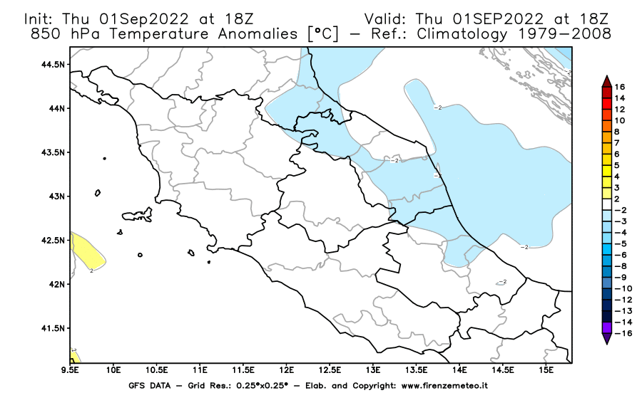 GFS analysi map - Temperature Anomalies [°C] at 850 hPa in Central Italy
									on 01/09/2022 18 <!--googleoff: index-->UTC<!--googleon: index-->