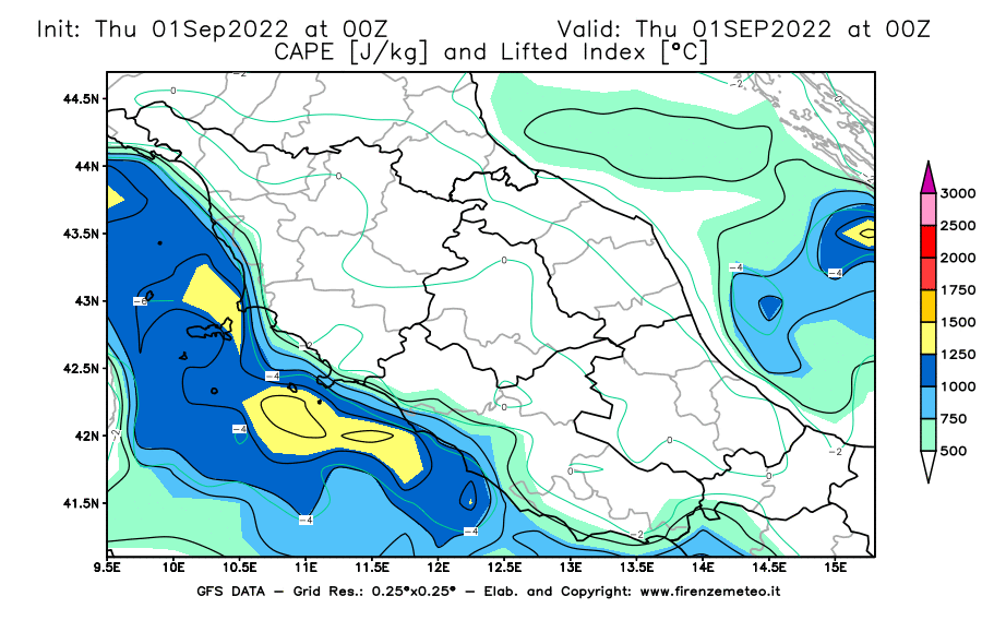 GFS analysi map - CAPE [J/kg] and Lifted Index [°C] in Central Italy
									on 01/09/2022 00 <!--googleoff: index-->UTC<!--googleon: index-->