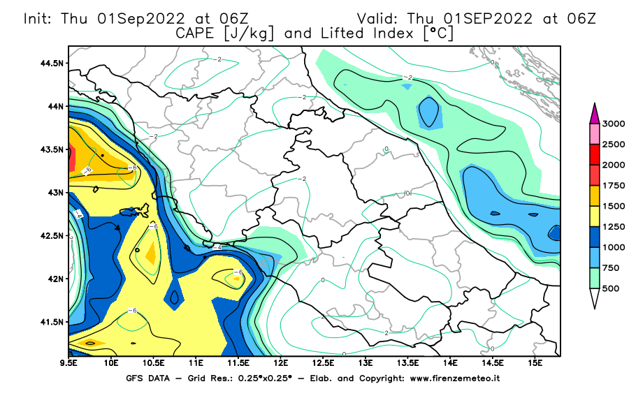 Mappa di analisi GFS - CAPE [J/kg] e Lifted Index [°C] in Centro-Italia
							del 01/09/2022 06 <!--googleoff: index-->UTC<!--googleon: index-->
