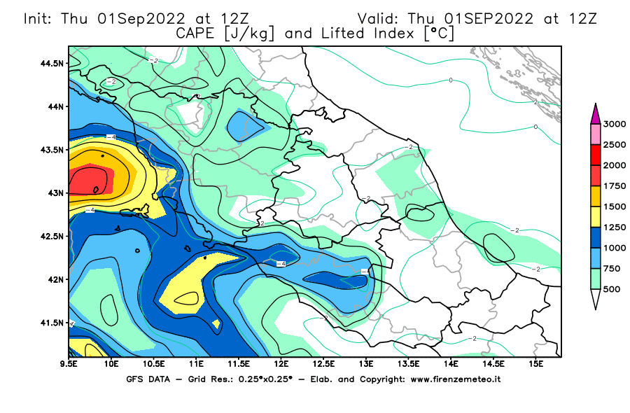 GFS analysi map - CAPE [J/kg] and Lifted Index [°C] in Central Italy
									on 01/09/2022 12 <!--googleoff: index-->UTC<!--googleon: index-->