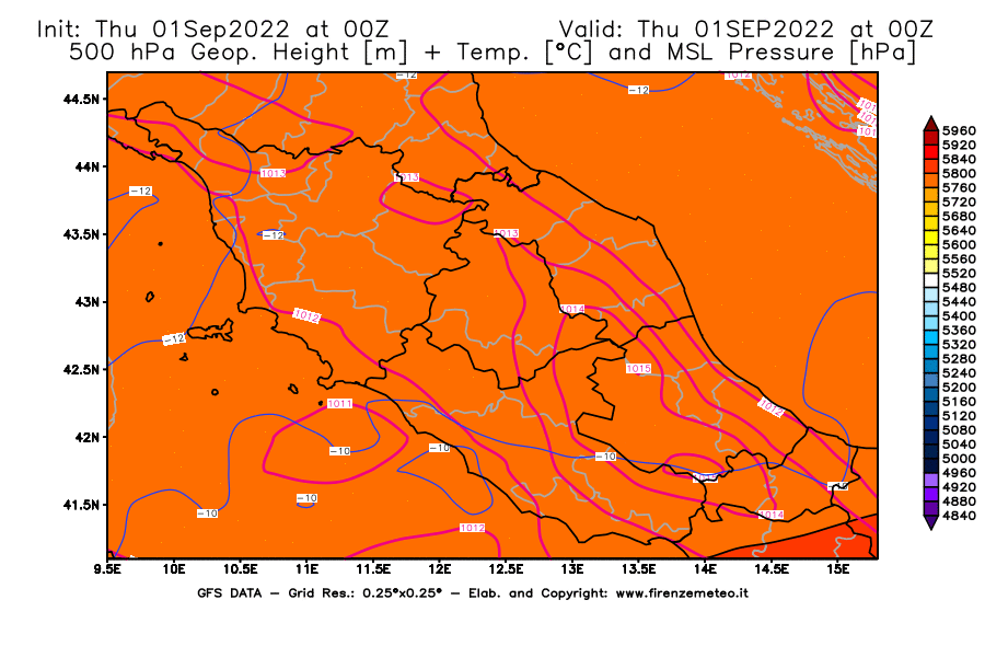 Mappa di analisi GFS - Geopotenziale [m] + Temp. [°C] a 500 hPa + Press. a livello del mare [hPa] in Centro-Italia
							del 01/09/2022 00 <!--googleoff: index-->UTC<!--googleon: index-->