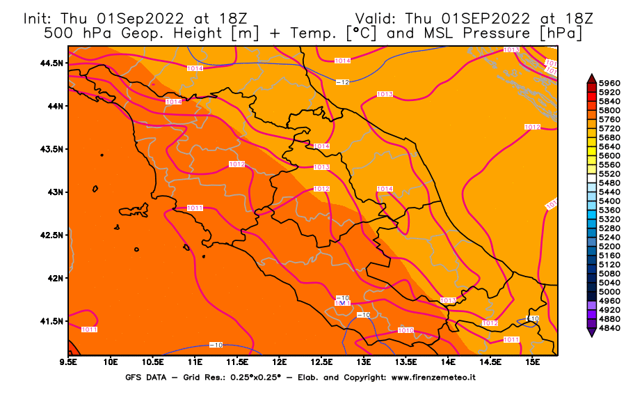 Mappa di analisi GFS - Geopotenziale [m] + Temp. [°C] a 500 hPa + Press. a livello del mare [hPa] in Centro-Italia
							del 01/09/2022 18 <!--googleoff: index-->UTC<!--googleon: index-->