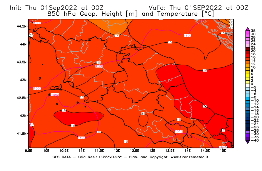 Mappa di analisi GFS - Geopotenziale [m] e Temperatura [°C] a 850 hPa in Centro-Italia
							del 01/09/2022 00 <!--googleoff: index-->UTC<!--googleon: index-->