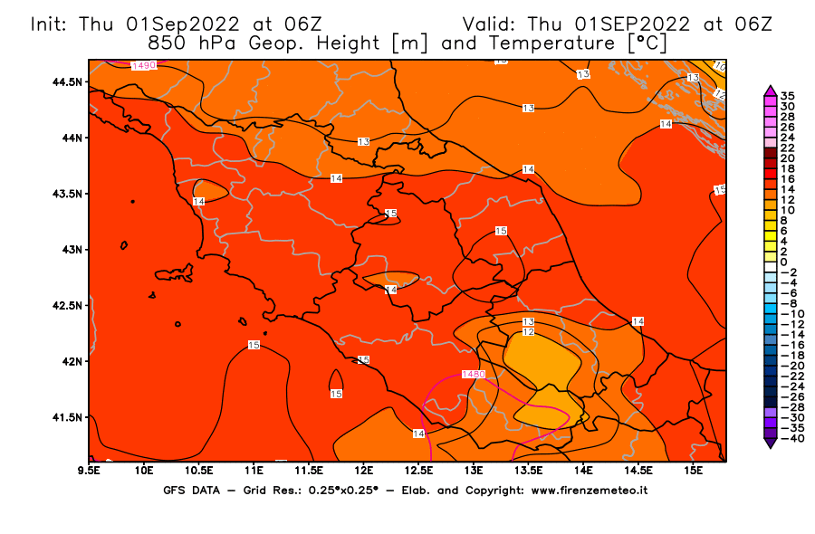 Mappa di analisi GFS - Geopotenziale [m] e Temperatura [°C] a 850 hPa in Centro-Italia
							del 01/09/2022 06 <!--googleoff: index-->UTC<!--googleon: index-->