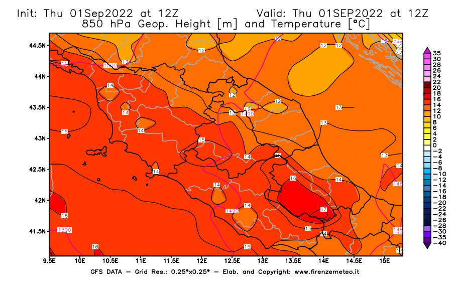 Mappa di analisi GFS - Geopotenziale [m] e Temperatura [°C] a 850 hPa in Centro-Italia
							del 01/09/2022 12 <!--googleoff: index-->UTC<!--googleon: index-->