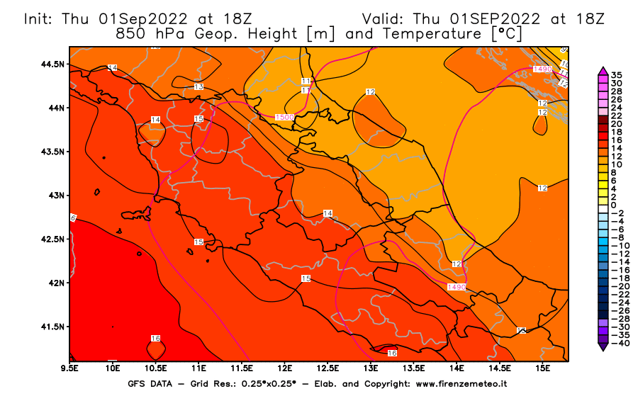 Mappa di analisi GFS - Geopotenziale [m] e Temperatura [°C] a 850 hPa in Centro-Italia
							del 01/09/2022 18 <!--googleoff: index-->UTC<!--googleon: index-->