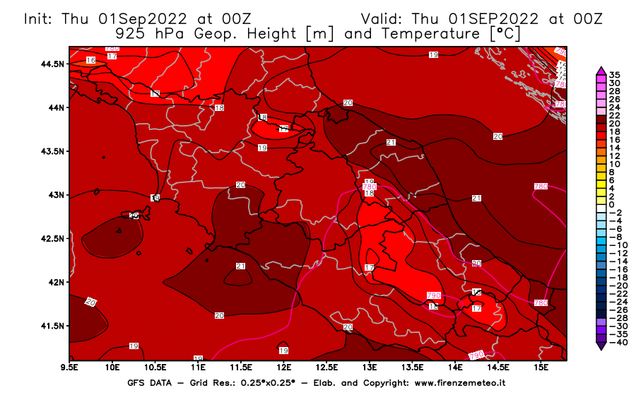 Mappa di analisi GFS - Geopotenziale [m] e Temperatura [°C] a 925 hPa in Centro-Italia
							del 01/09/2022 00 <!--googleoff: index-->UTC<!--googleon: index-->