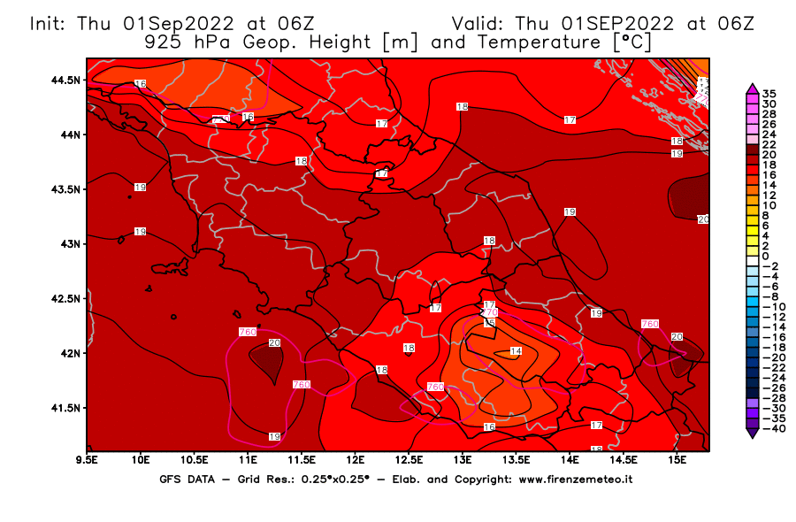 Mappa di analisi GFS - Geopotenziale [m] e Temperatura [°C] a 925 hPa in Centro-Italia
							del 01/09/2022 06 <!--googleoff: index-->UTC<!--googleon: index-->