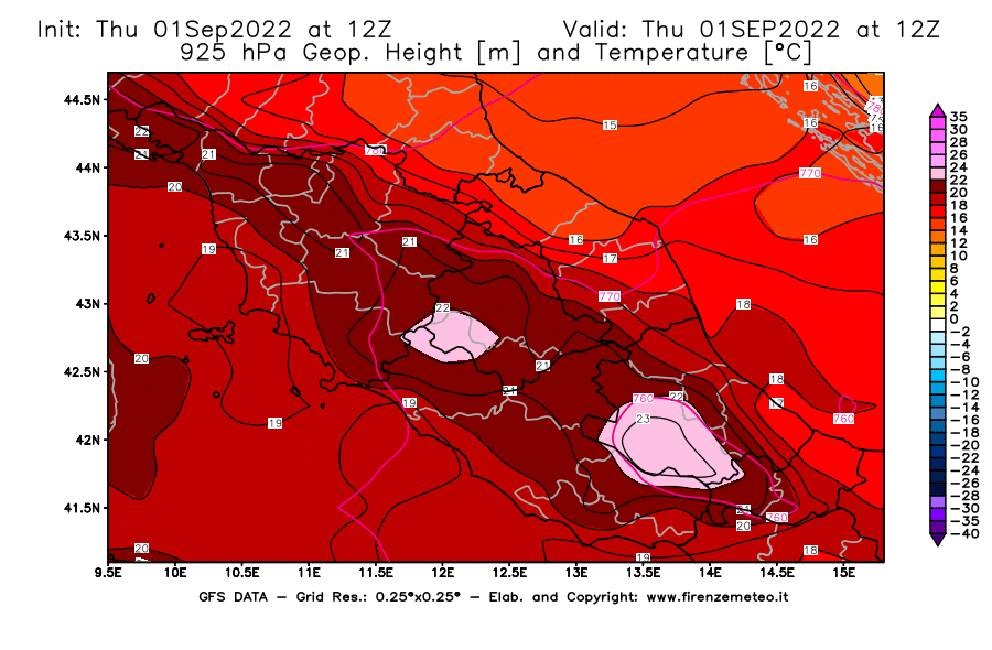 Mappa di analisi GFS - Geopotenziale [m] e Temperatura [°C] a 925 hPa in Centro-Italia
							del 01/09/2022 12 <!--googleoff: index-->UTC<!--googleon: index-->