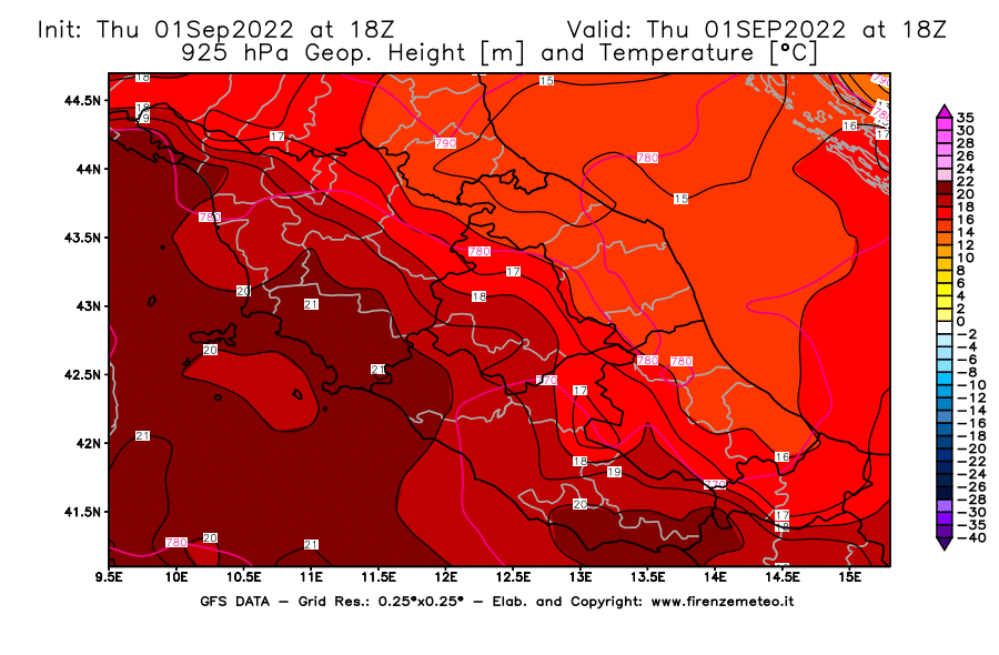 Mappa di analisi GFS - Geopotenziale [m] e Temperatura [°C] a 925 hPa in Centro-Italia
							del 01/09/2022 18 <!--googleoff: index-->UTC<!--googleon: index-->