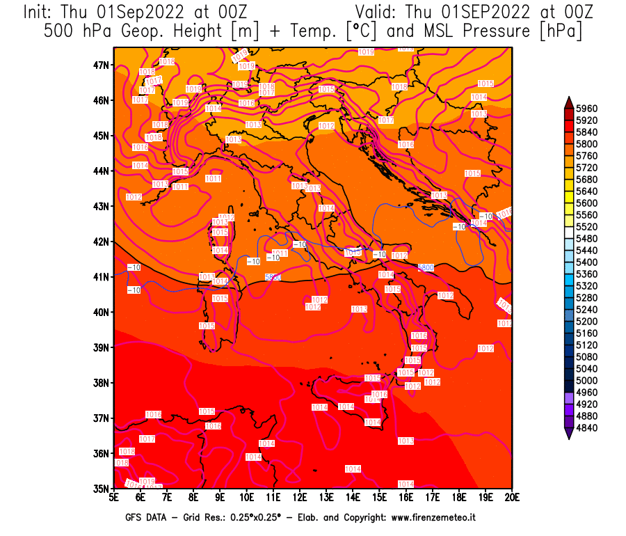 Mappa di analisi GFS - Geopotenziale [m] + Temp. [°C] a 500 hPa + Press. a livello del mare [hPa] in Italia
							del 01/09/2022 00 <!--googleoff: index-->UTC<!--googleon: index-->