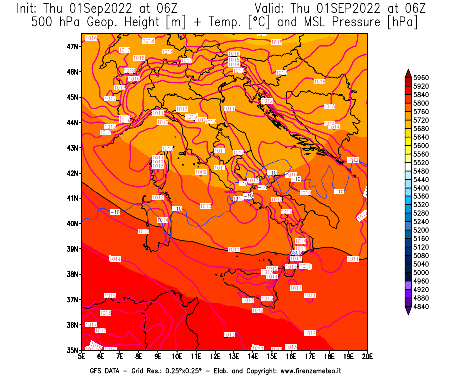 Mappa di analisi GFS - Geopotenziale [m] + Temp. [°C] a 500 hPa + Press. a livello del mare [hPa] in Italia
							del 01/09/2022 06 <!--googleoff: index-->UTC<!--googleon: index-->