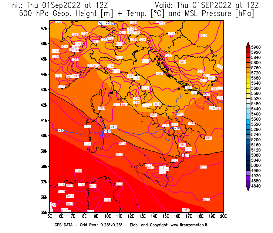 Mappa di analisi GFS - Geopotenziale [m] + Temp. [°C] a 500 hPa + Press. a livello del mare [hPa] in Italia
							del 01/09/2022 12 <!--googleoff: index-->UTC<!--googleon: index-->