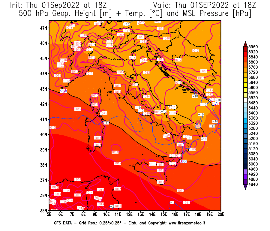 Mappa di analisi GFS - Geopotenziale [m] + Temp. [°C] a 500 hPa + Press. a livello del mare [hPa] in Italia
							del 01/09/2022 18 <!--googleoff: index-->UTC<!--googleon: index-->