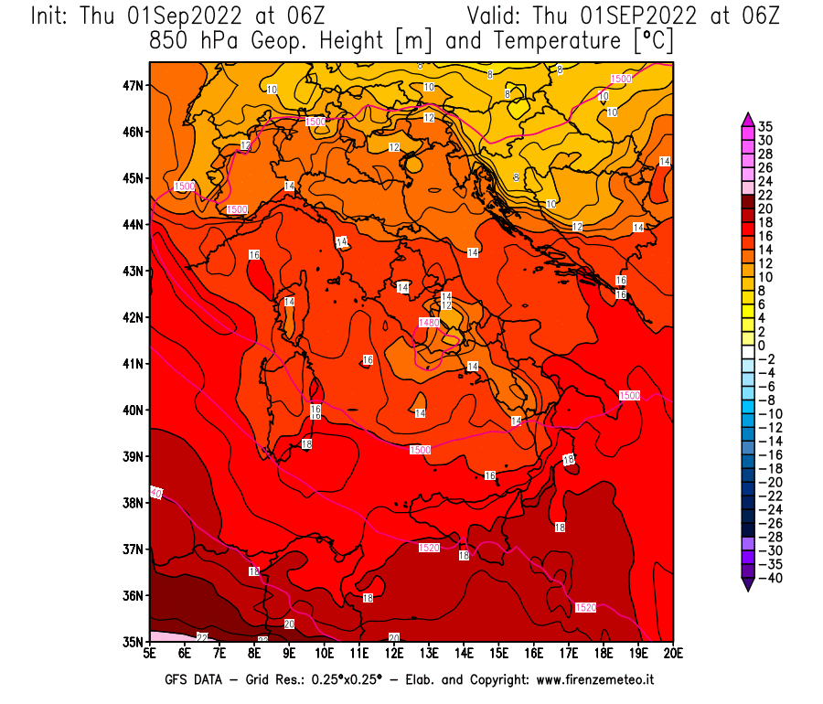 Mappa di analisi GFS - Geopotenziale [m] e Temperatura [°C] a 850 hPa in Italia
							del 01/09/2022 06 <!--googleoff: index-->UTC<!--googleon: index-->