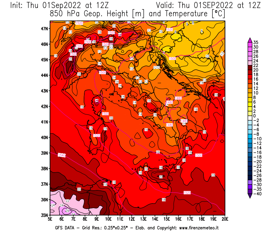 GFS analysi map - Geopotential [m] and Temperature [°C] at 850 hPa in Italy
									on 01/09/2022 12 <!--googleoff: index-->UTC<!--googleon: index-->
