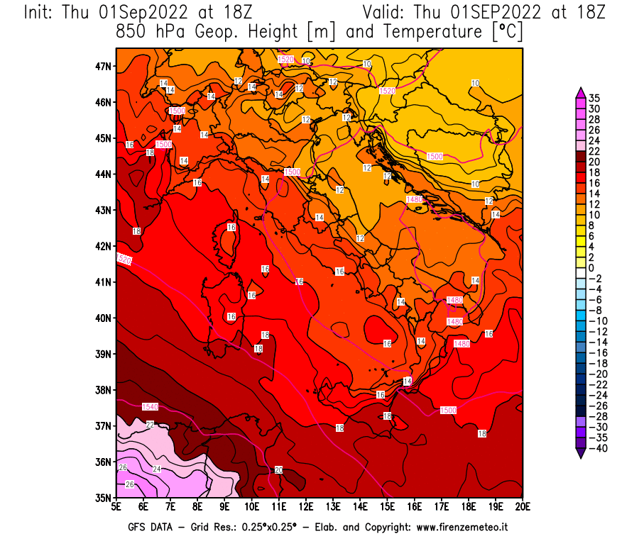 Mappa di analisi GFS - Geopotenziale [m] e Temperatura [°C] a 850 hPa in Italia
							del 01/09/2022 18 <!--googleoff: index-->UTC<!--googleon: index-->