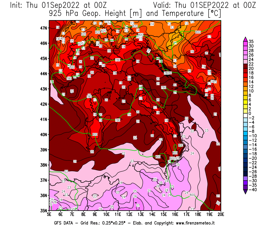 Mappa di analisi GFS - Geopotenziale [m] e Temperatura [°C] a 925 hPa in Italia
							del 01/09/2022 00 <!--googleoff: index-->UTC<!--googleon: index-->