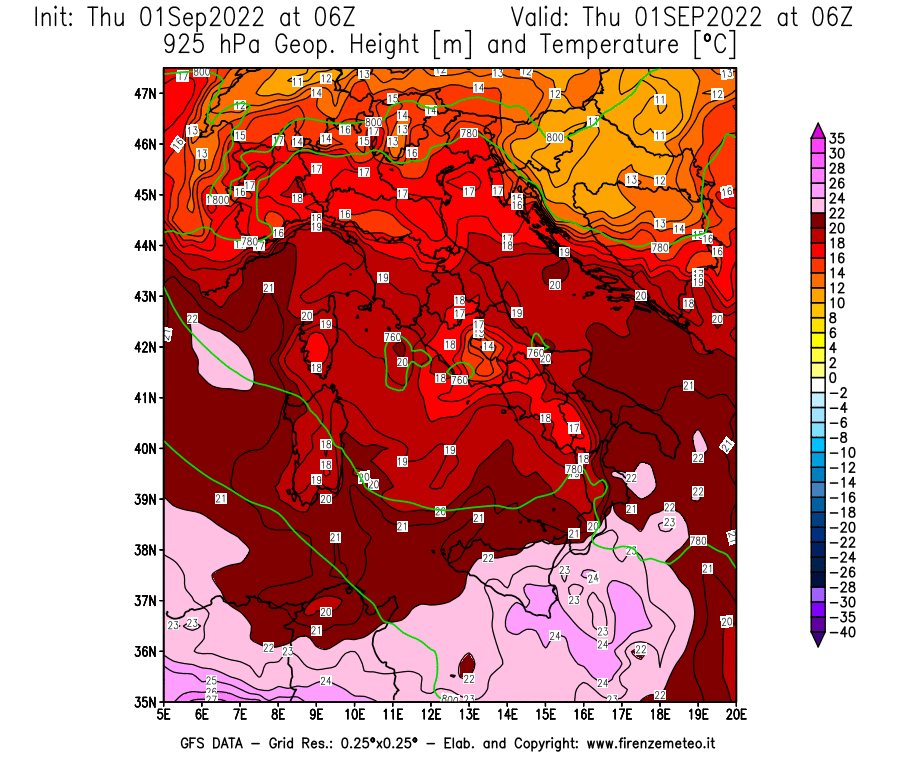 Mappa di analisi GFS - Geopotenziale [m] e Temperatura [°C] a 925 hPa in Italia
							del 01/09/2022 06 <!--googleoff: index-->UTC<!--googleon: index-->