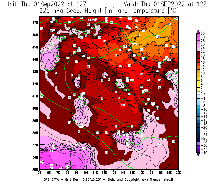 GFS analysi map - Geopotential [m] and Temperature [°C] at 925 hPa in Italy
									on 01/09/2022 12 <!--googleoff: index-->UTC<!--googleon: index-->