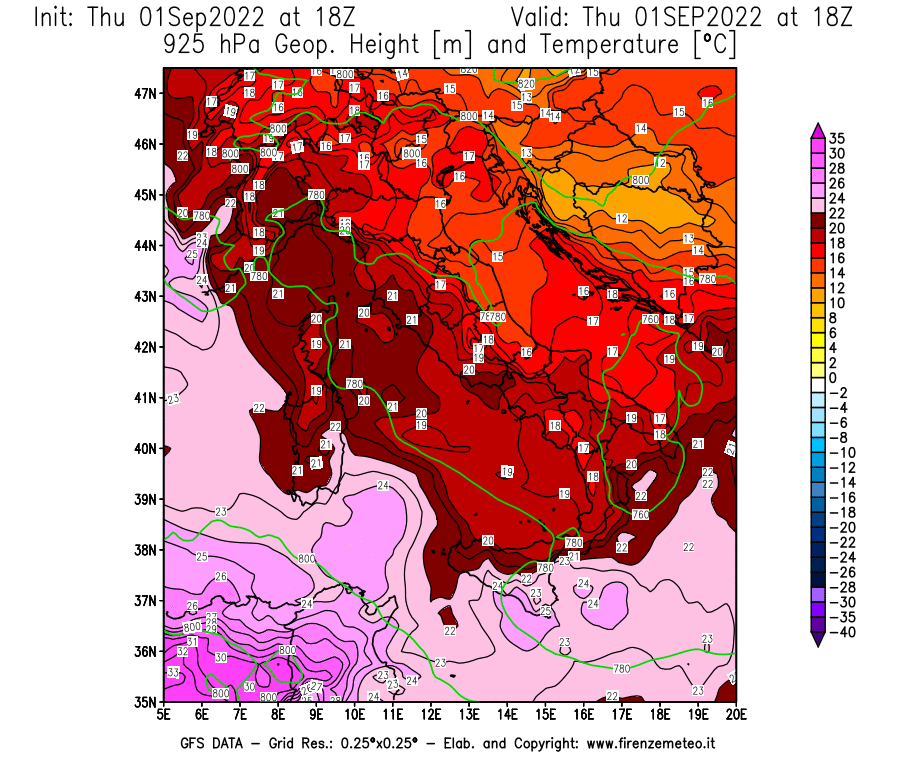 Mappa di analisi GFS - Geopotenziale [m] e Temperatura [°C] a 925 hPa in Italia
							del 01/09/2022 18 <!--googleoff: index-->UTC<!--googleon: index-->
