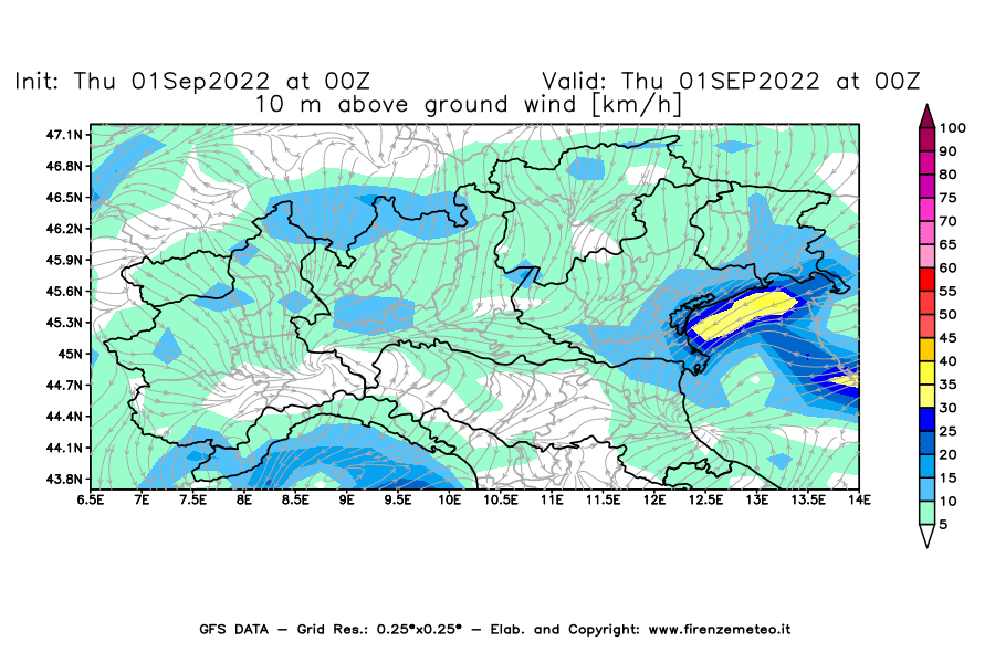 GFS analysi map - Wind Speed at 10 m above ground [km/h] in Northern Italy
									on 01/09/2022 00 <!--googleoff: index-->UTC<!--googleon: index-->