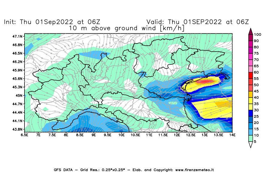 GFS analysi map - Wind Speed at 10 m above ground [km/h] in Northern Italy
									on 01/09/2022 06 <!--googleoff: index-->UTC<!--googleon: index-->