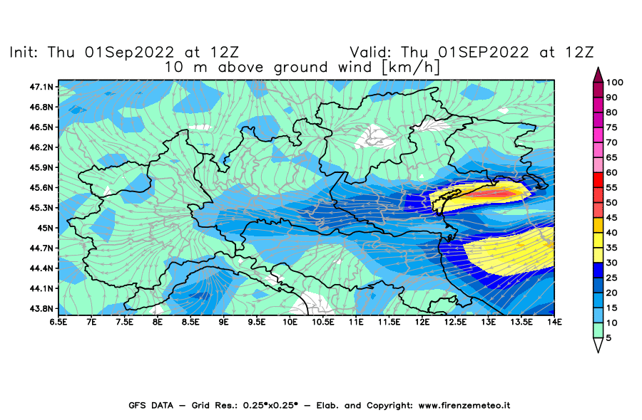 GFS analysi map - Wind Speed at 10 m above ground [km/h] in Northern Italy
									on 01/09/2022 12 <!--googleoff: index-->UTC<!--googleon: index-->