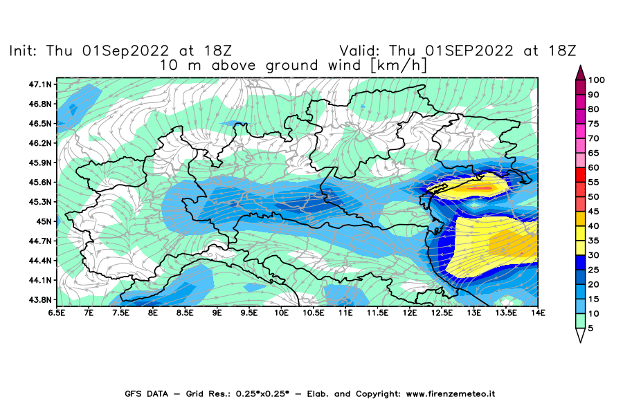 Mappa di analisi GFS - Velocità del vento a 10 metri dal suolo [km/h] in Nord-Italia
							del 01/09/2022 18 <!--googleoff: index-->UTC<!--googleon: index-->