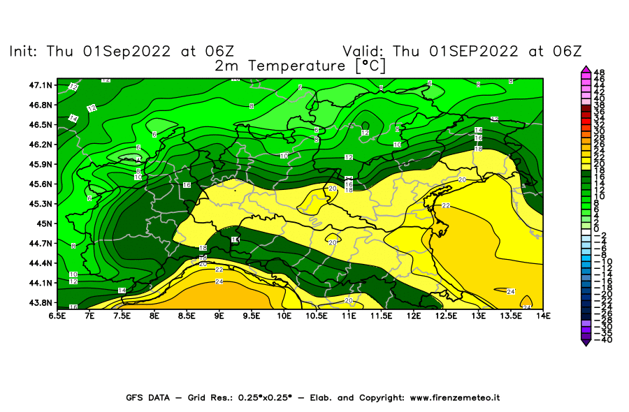 GFS analysi map - Temperature at 2 m above ground [°C] in Northern Italy
									on 01/09/2022 06 <!--googleoff: index-->UTC<!--googleon: index-->