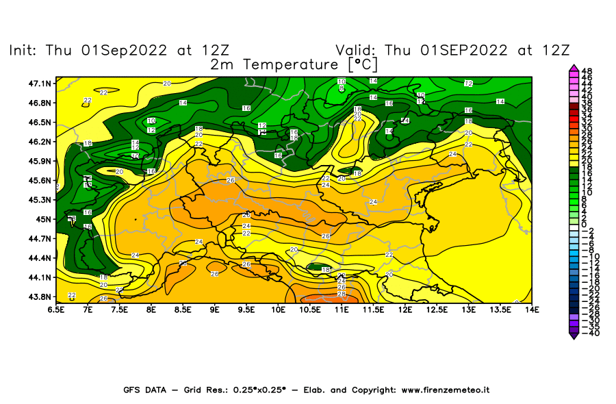 GFS analysi map - Temperature at 2 m above ground [°C] in Northern Italy
									on 01/09/2022 12 <!--googleoff: index-->UTC<!--googleon: index-->