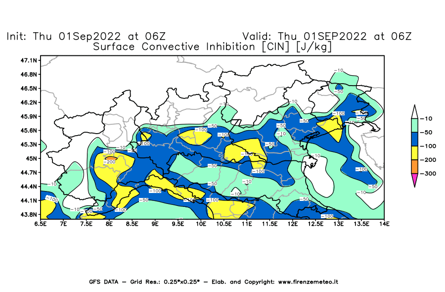 GFS analysi map - CIN [J/kg] in Northern Italy
									on 01/09/2022 06 <!--googleoff: index-->UTC<!--googleon: index-->