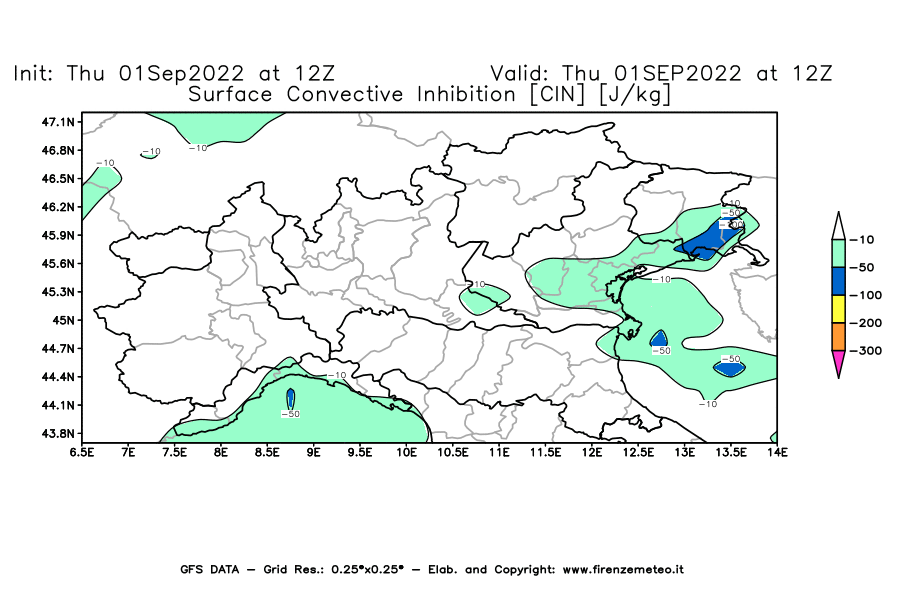 GFS analysi map - CIN [J/kg] in Northern Italy
									on 01/09/2022 12 <!--googleoff: index-->UTC<!--googleon: index-->