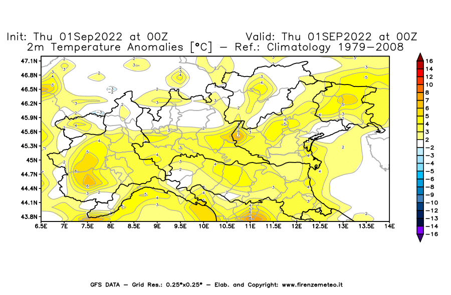 Mappa di analisi GFS - Anomalia Temperatura [°C] a 2 m in Nord-Italia
							del 01/09/2022 00 <!--googleoff: index-->UTC<!--googleon: index-->