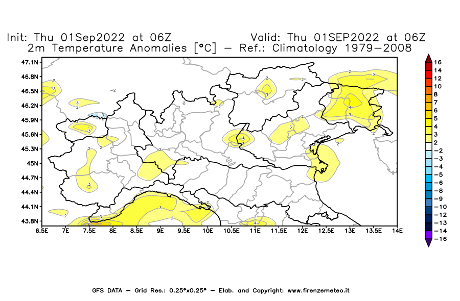 Mappa di analisi GFS - Anomalia Temperatura [°C] a 2 m in Nord-Italia
							del 01/09/2022 06 <!--googleoff: index-->UTC<!--googleon: index-->