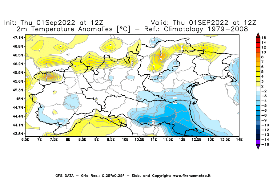 Mappa di analisi GFS - Anomalia Temperatura [°C] a 2 m in Nord-Italia
							del 01/09/2022 12 <!--googleoff: index-->UTC<!--googleon: index-->