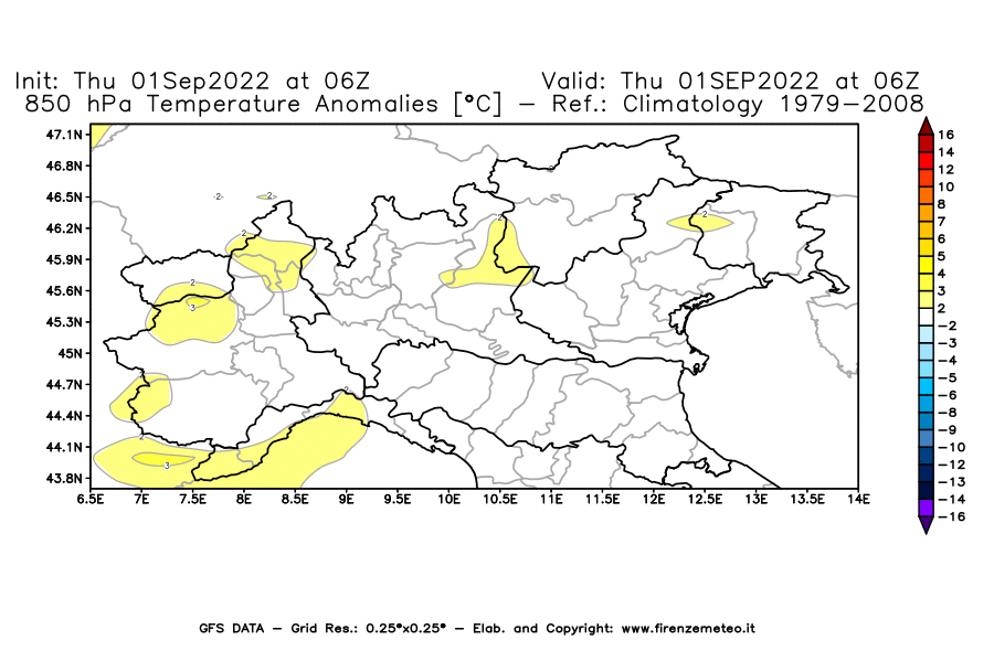 GFS analysi map - Temperature Anomalies [°C] at 850 hPa in Northern Italy
									on 01/09/2022 06 <!--googleoff: index-->UTC<!--googleon: index-->