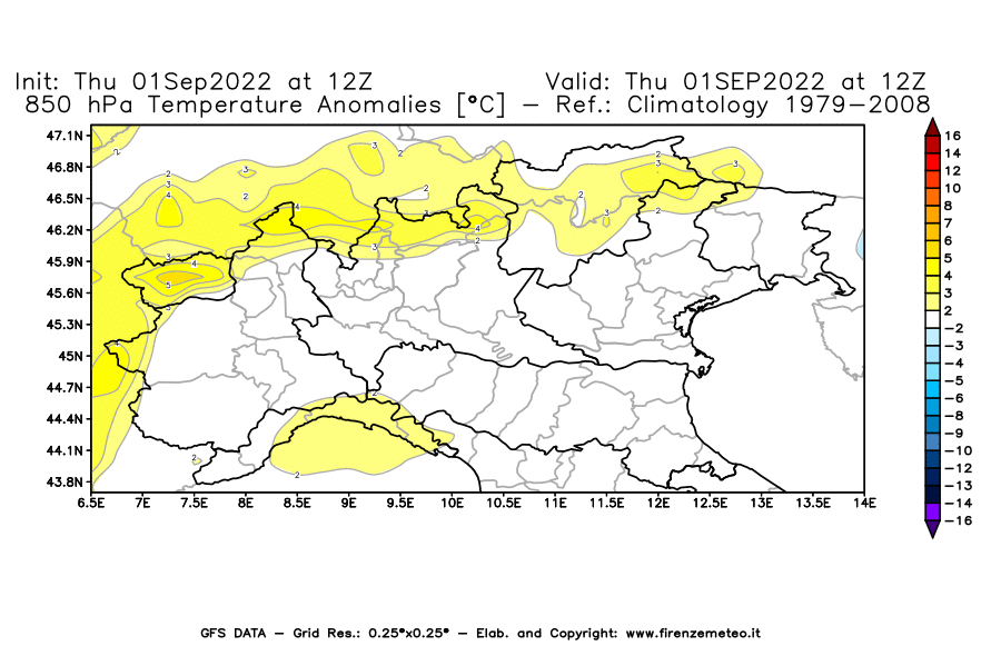 GFS analysi map - Temperature Anomalies [°C] at 850 hPa in Northern Italy
									on 01/09/2022 12 <!--googleoff: index-->UTC<!--googleon: index-->