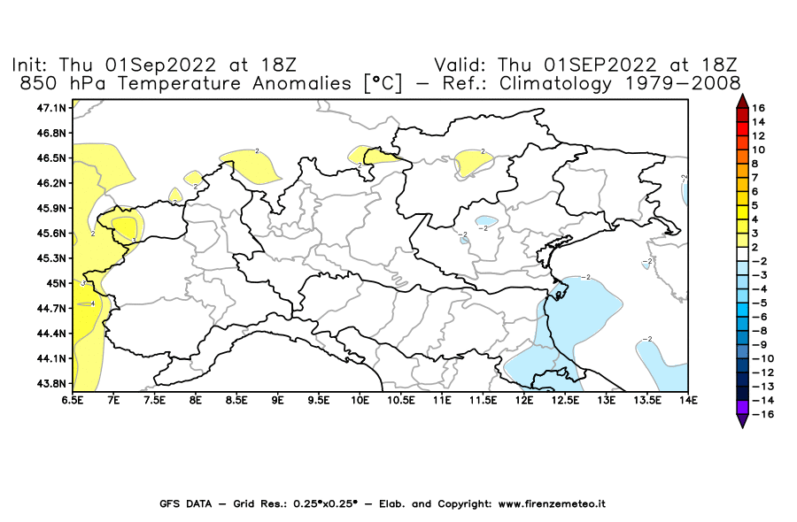 GFS analysi map - Temperature Anomalies [°C] at 850 hPa in Northern Italy
									on 01/09/2022 18 <!--googleoff: index-->UTC<!--googleon: index-->